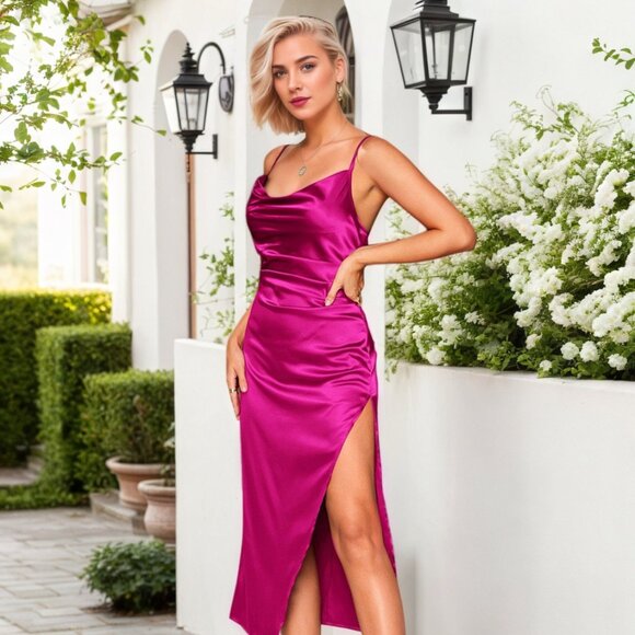 Split Ruched Satin Zip Back Midi Cami Dress | Sheath Sleeveless Formal Dress - Picture 1 of 9